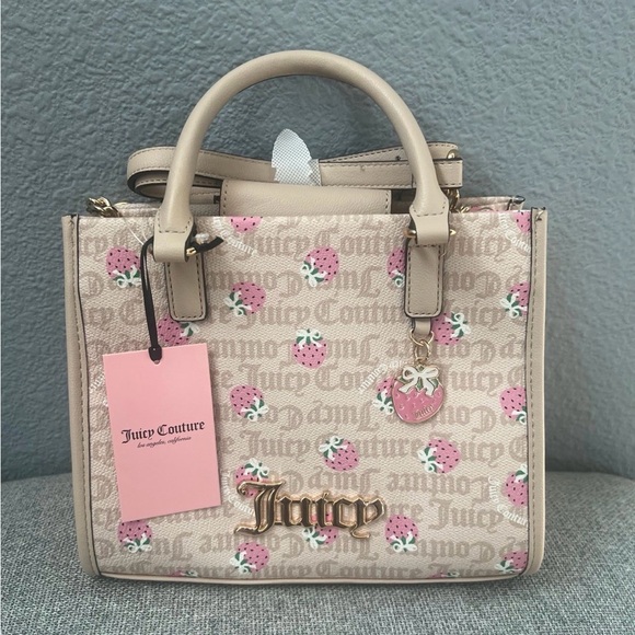 Juicy Couture Handbags - Juicy Couture Strawberry Print Satchel Gold Hardware Pink Beige Top Handles Bag